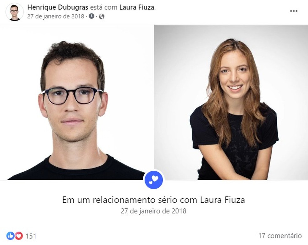 Segundo uma publicação no Facebook, Laura e Dubugras começaram a namorar em 2018 — Foto: Reprodução