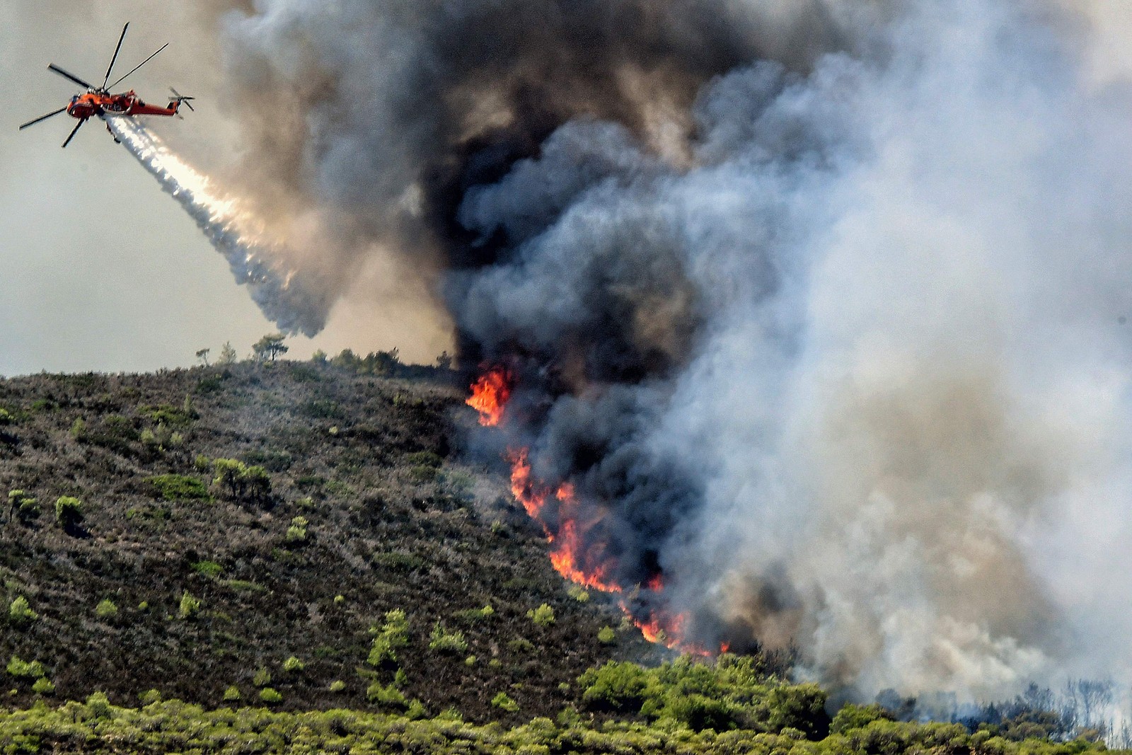 Um helicóptero tenta conter incêndio derivado de nova onda de calor que atinge o Hemisfério Norte. — Foto: Valerie GACHE / AFP