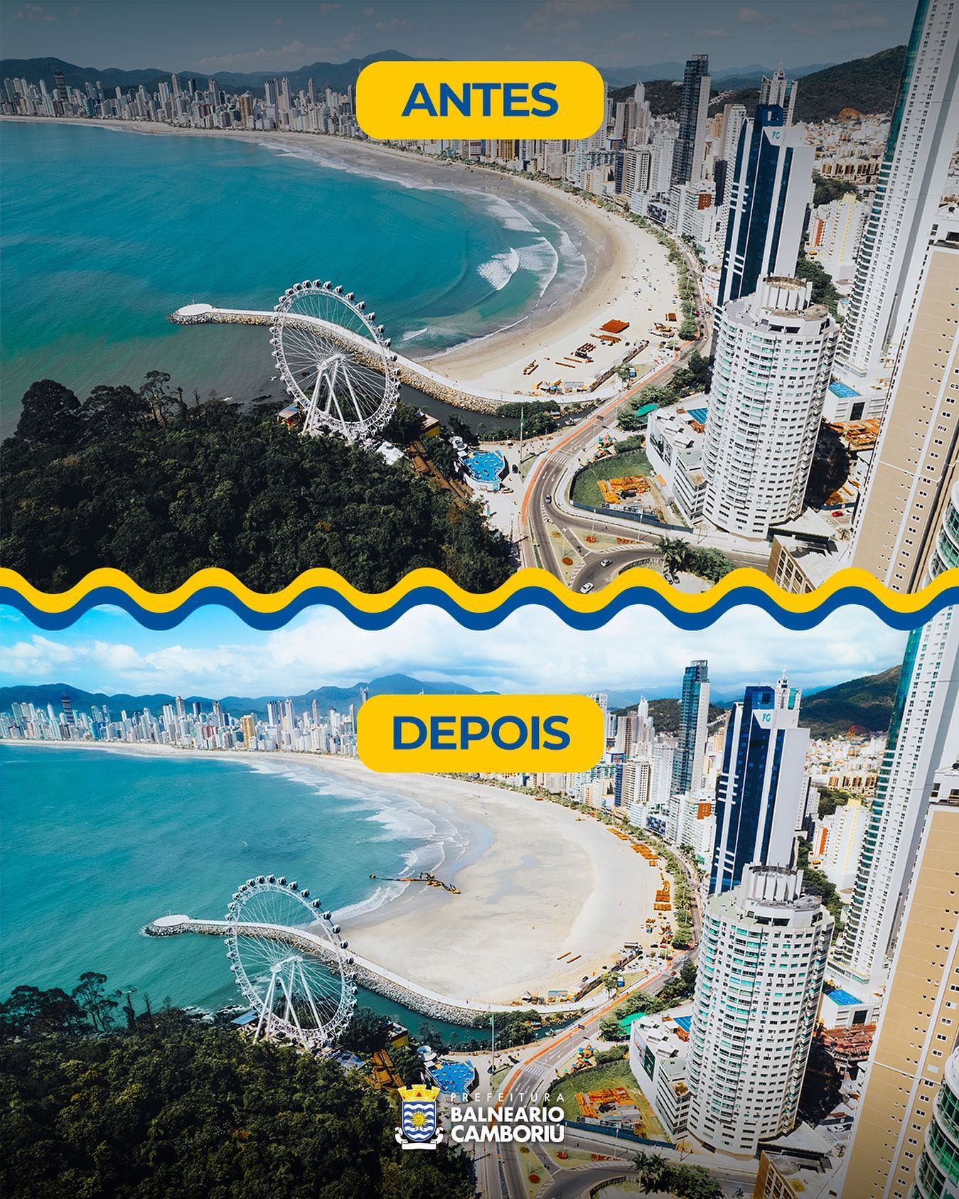 Antes e depois do alargamento da praia em Balneário Camboriú — Foto: Prefeitura de Balneário Camboriú/facebook