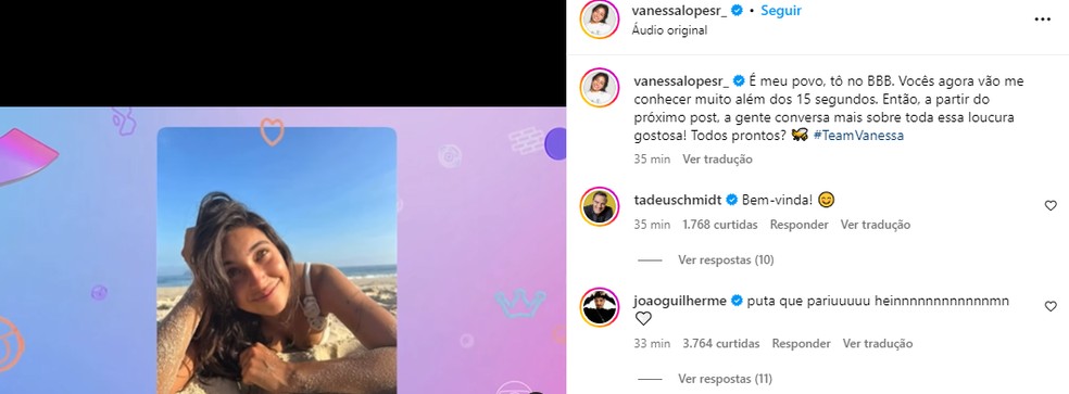 Comentário de João Guilherme em post de Vanessa Lopes, confirmada no "BBB" 24 — Foto: Reprodução/Instagram