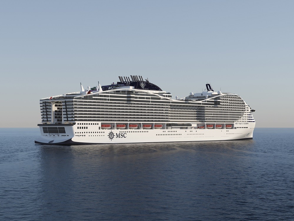 O navio MSC World Europa, a mais nova embarcação da MSC Cruzeiros, que será batizado em Doha, antes da Copa do Catar — Foto: Divulgação