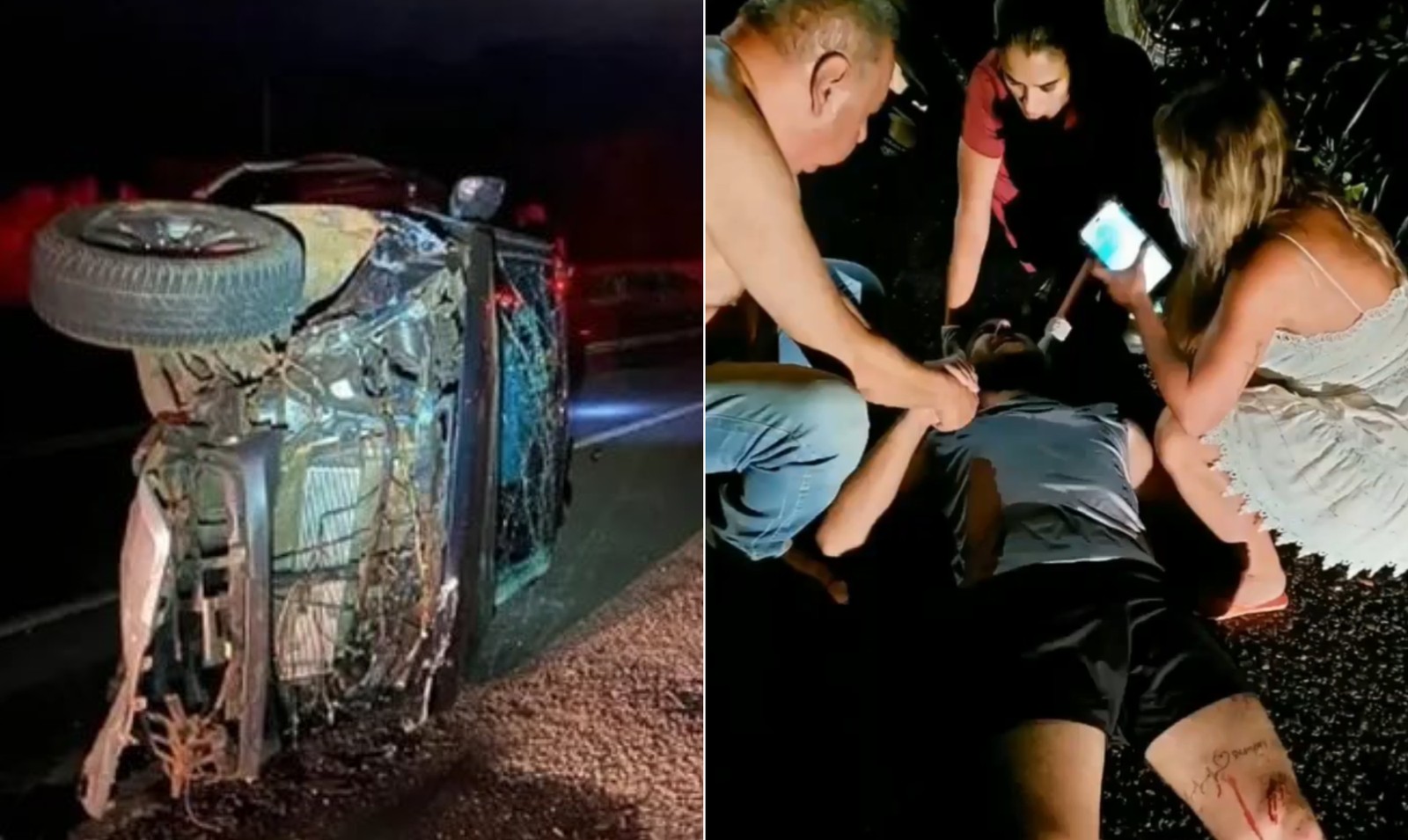 O sertanejo Zé Neto (à direita) é resgatado após acidente de carro que deixou veículo com perda total — Foto: Reprodução/Twitter