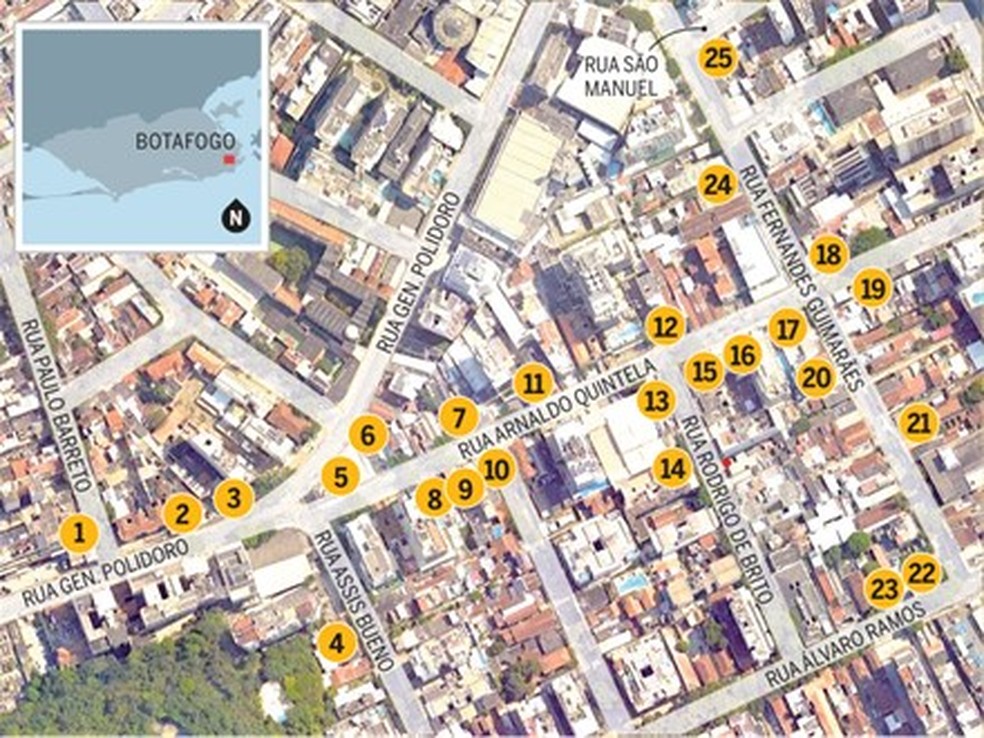 Mapa de bares na Rua Arnaldo Quintela e adjacências — Foto: Arte O Globo
