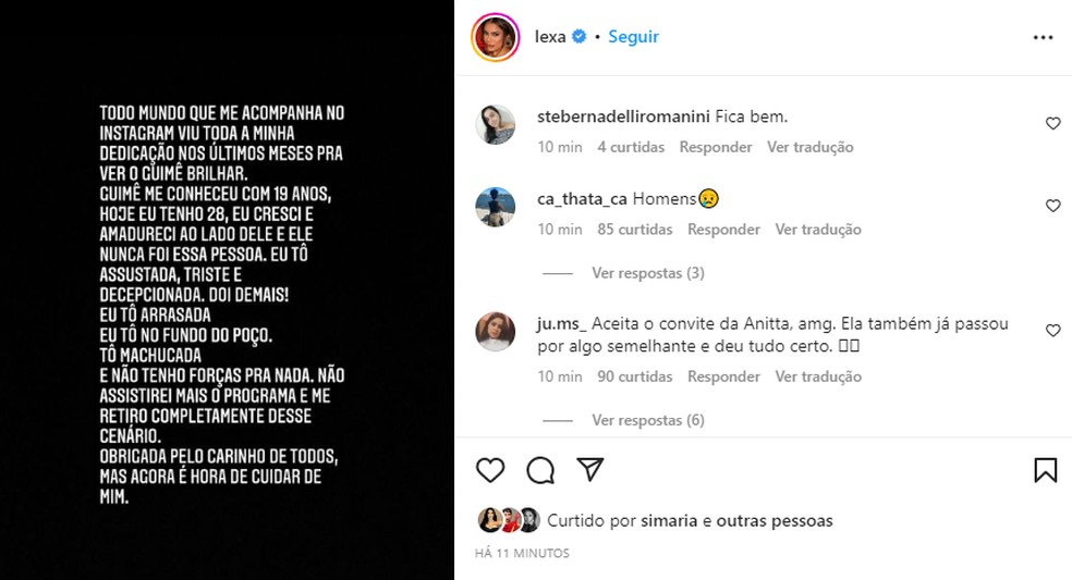 Lexa ficou decepcionada com atitude do marido, MC Guimê, no "BBB 23" — Foto: Instagram / Reprodução