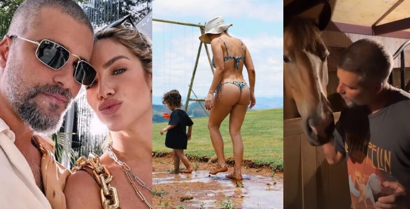 Bruno Gagliasso, Giovanna Ewbank, o filho caçula, Zyan, e o ator com um dos bichos de seu rancho — Foto: Reprodução/Instagram