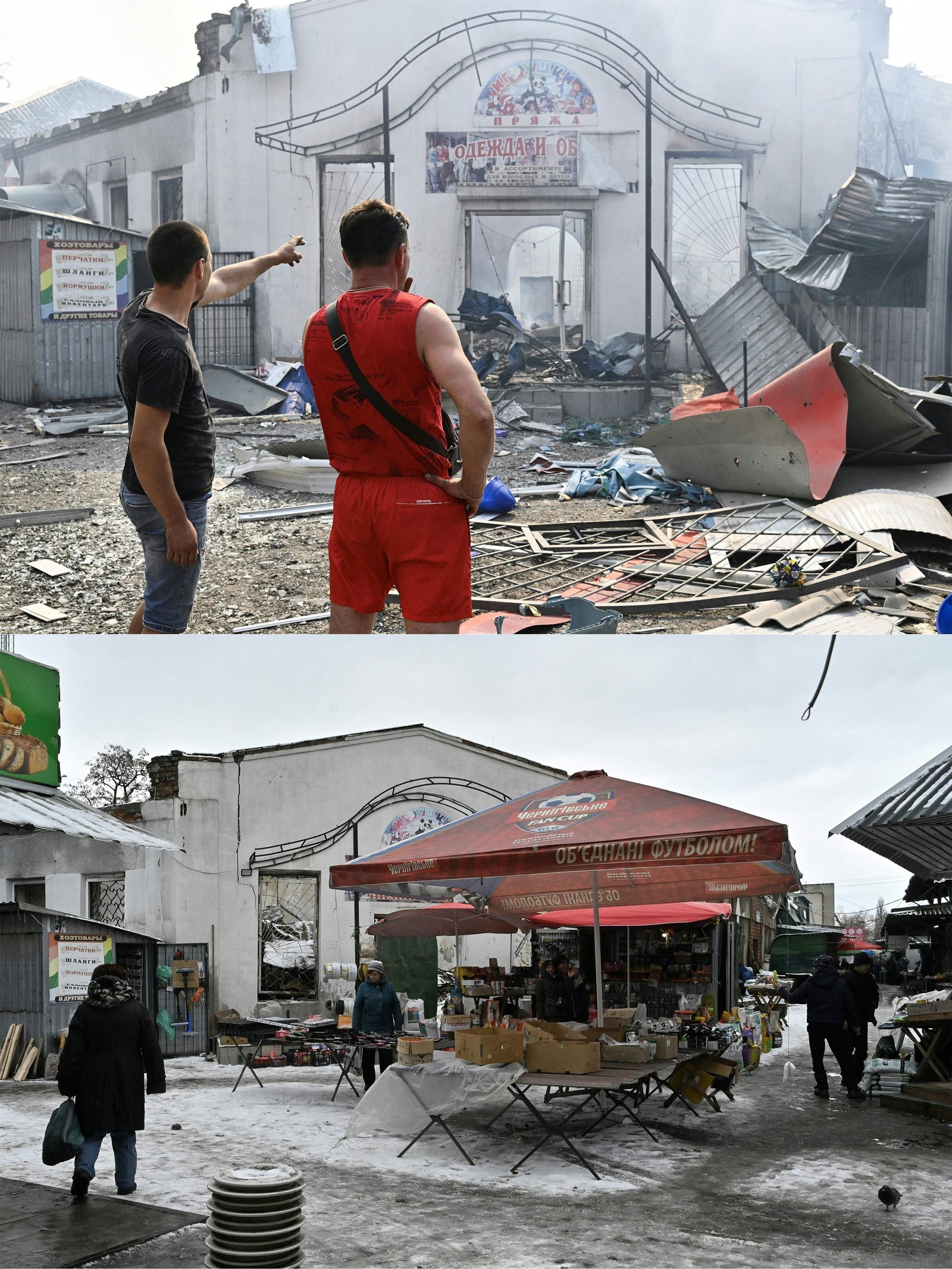 03/07/2023: Acima, ucranianos observam mercado local destruído em Sloviansk. 06/02/2024: Abaixo, o mesmo mercado se reconstrói e atrai público. — Foto: GENYA SAVILOV