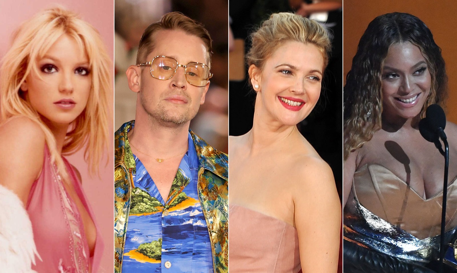 Britney Spears, Macaulay Culkin, Drew Barrymore e Beyoncé — Foto: Divulgação e AFP