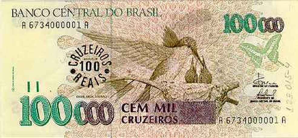 Cédula de 100 mil cruzeiros, de 1992, com gravura de beija-flor — Foto: reprodução/Banco Central