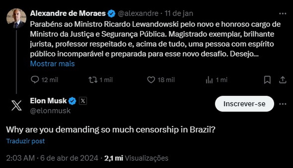 Musk responde publicação do ministro do STF Alexandre de Moraes:​​ 'Por que você está determinando tanta censura no Brasil?' — Foto: Reprodução