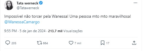 Tata Werneck declarou apoio a Wanessa numa postagem na rede social X (antigo Twitter)