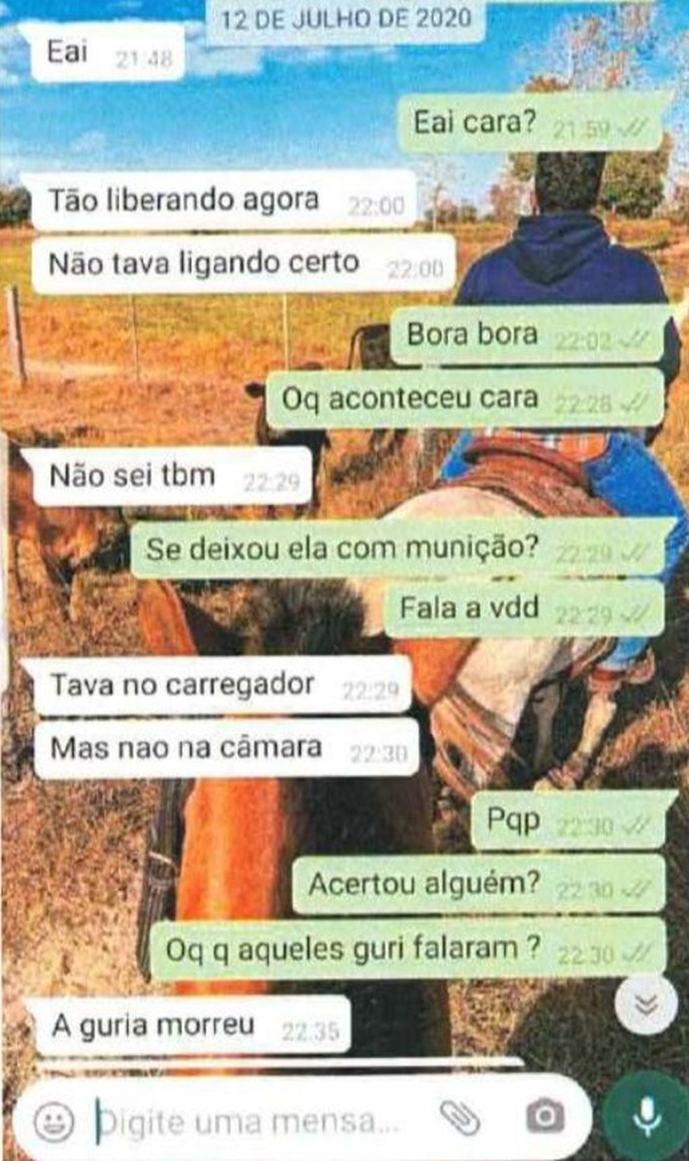 Conversa entre o namorado da jovem e o irmão no dia da morte — Foto: Reprodução