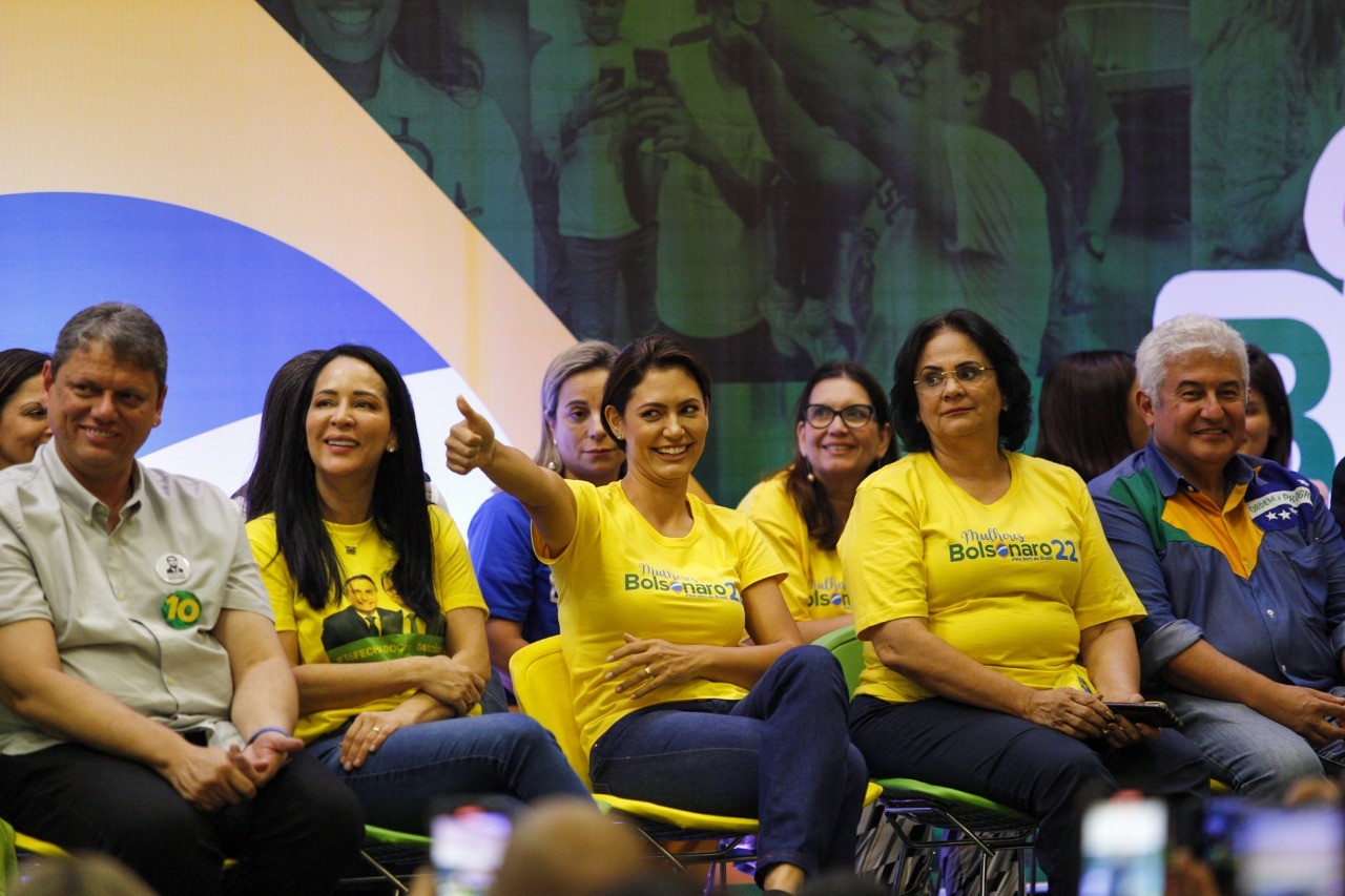 Michelle Bolsonaro participa do evento Aliança Pela Vida, em São Paulo, ao lado candidato ao governo do estado Tarcísio Freitas (Republicanos) — Foto: Wagner Vilas/Onzex Press e Agência O Globo