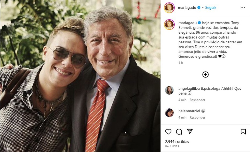 Maria Gadu publica foto com Tony Bennett — Foto: Reprodução 