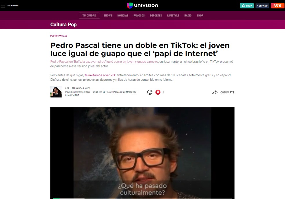 Comparação entre as aparências do ator chileno-americano Pedro Pascal e do jovem brasileiro Pedro Gedo virou notícia no portal da emissora Univision, voltada para o público hispânico nos EUA — Foto: Univision / Reprodução