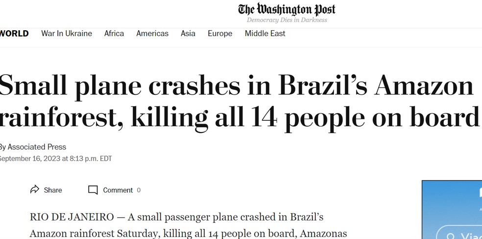 Imprensa internacional repercute acidente aéreo com 14 mortos no interior do Amazonas — Foto: Reprodução