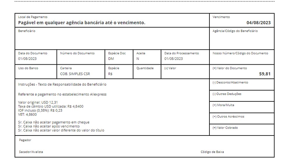 Boleto de compra simulada no AliExpress — Foto: Reprodução