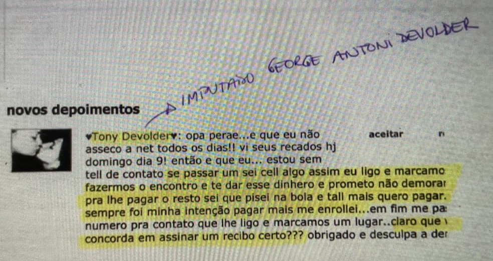 Por mensagem no Orkut, George Santos assumiu a vendedor de loja que comprou com cheques falsificados ter “pisado na bola” e chegou a prometer ressarci-lo no valor devido de R$ 2.144 — Foto: Reprodução