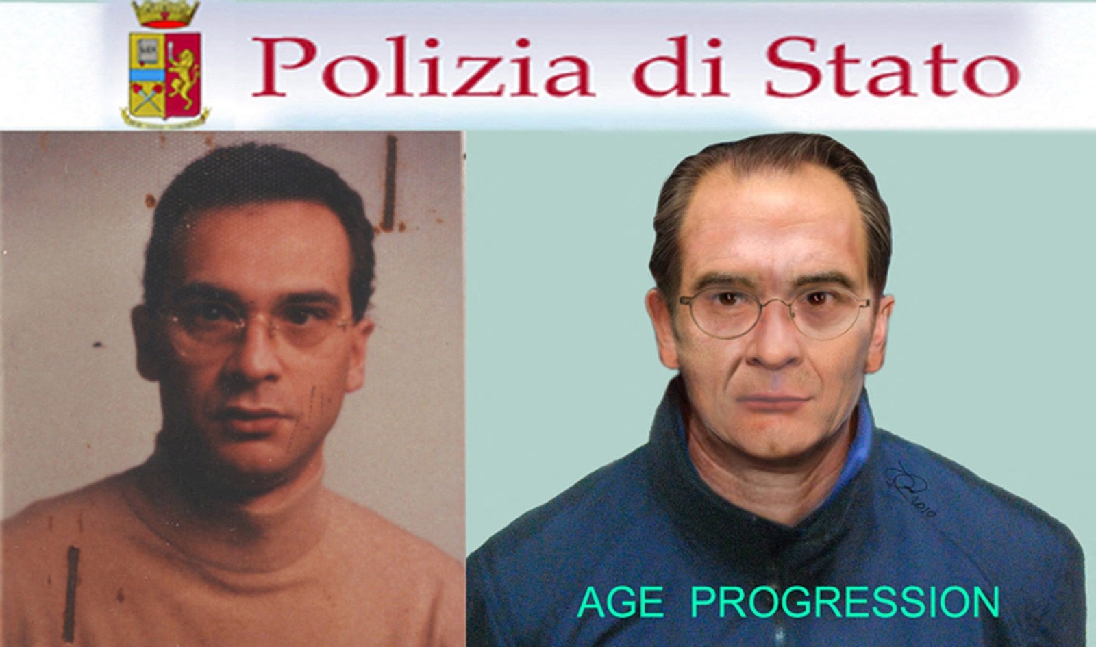 Reconstrução feita pela polícia italiana do rosto do mafioso mais procurado do país, Matteo Messina Denaro, preso em 16 de janeiro de 2023 após 30 anos fugitivo — Foto: Carabinieri via AFP