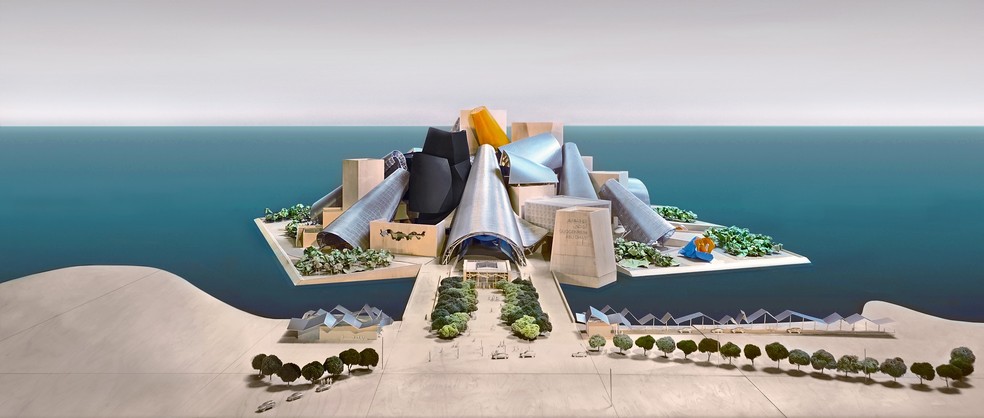 A arte mostra como será o Guggenheim Abu Dhabi, com projeto de Frank Gehry, previsto para abrir as portas em 2025 no Distrito Cultural Saadiyat, em Abu Dhabi — Foto: Divulgação / Departamento de Cultura e Turismo de Abu Dhabi