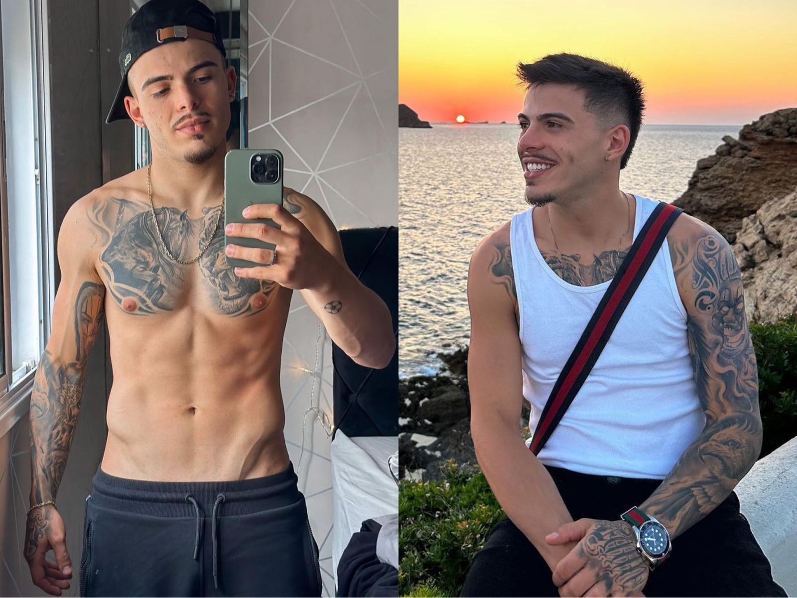 Aos 23 anos, o ator Thomaz Costa aparece bem diferente com os braços e peito cobertos por tatuagens — Foto: Reprodução/Instagram