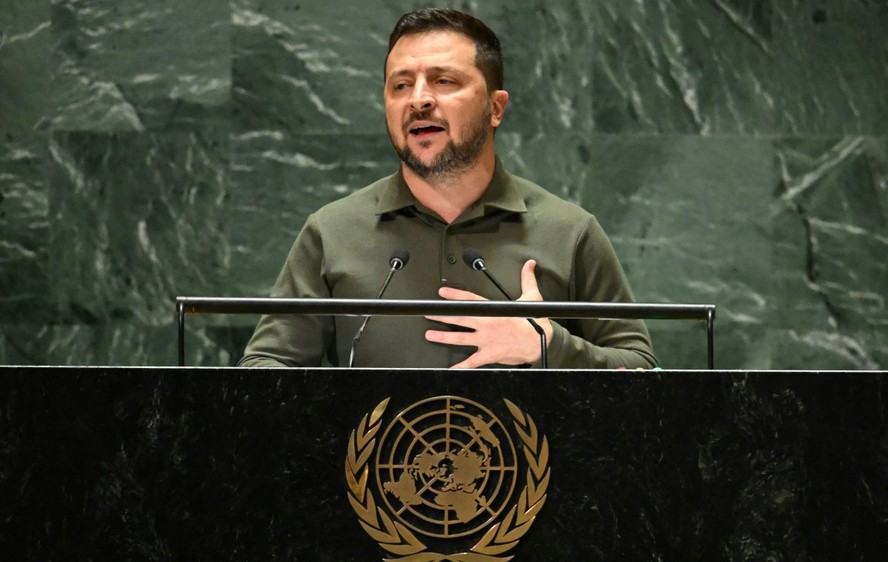 O presidente da Ucrânia, Volodymyr Zelensky, em discurso na ONU