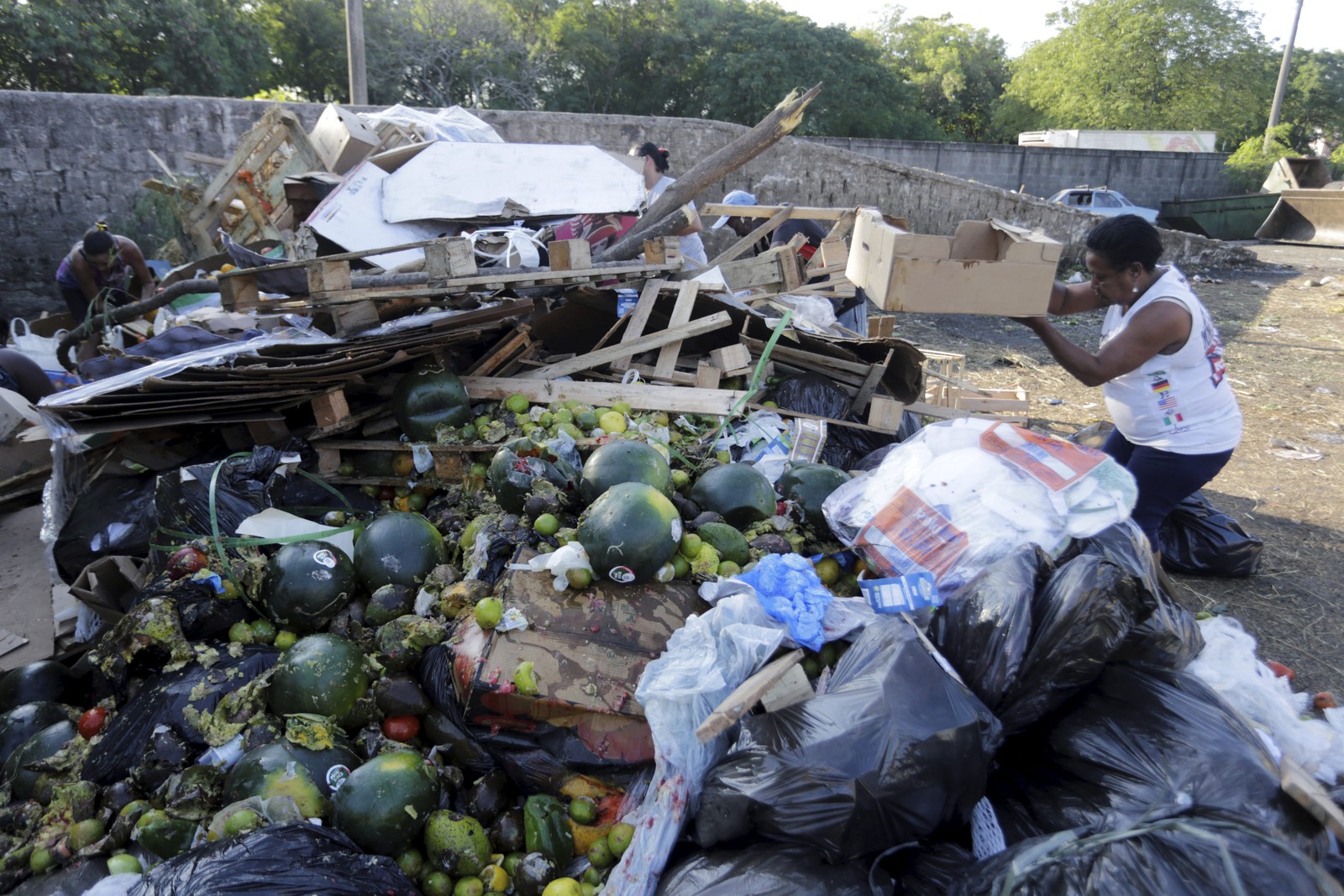 Na montanha de lixo vindo da Ceasa, em Irajá, pessoas em situação de insegurança alimentar buscam o que comer — Foto: Domingos Peixoto / Agência O Globo