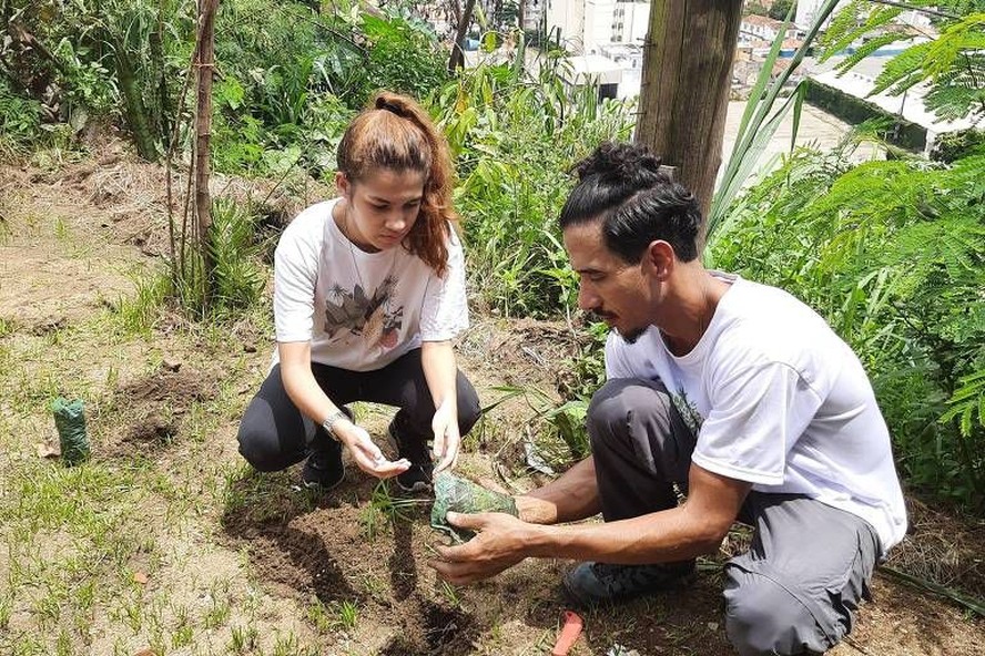 Voluntários do projeto Favela Viva fazem o plantio em área do Morro da Cruz, no Andaraí