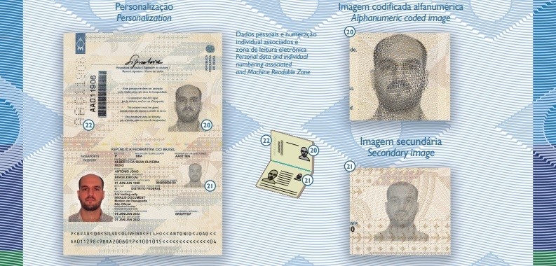 Arte divulgada pela Polícia Federal mostra como ficou as páginas de identificação do titular do novo passaporte brasileiro — Foto: Divulgação / Polícia Federal