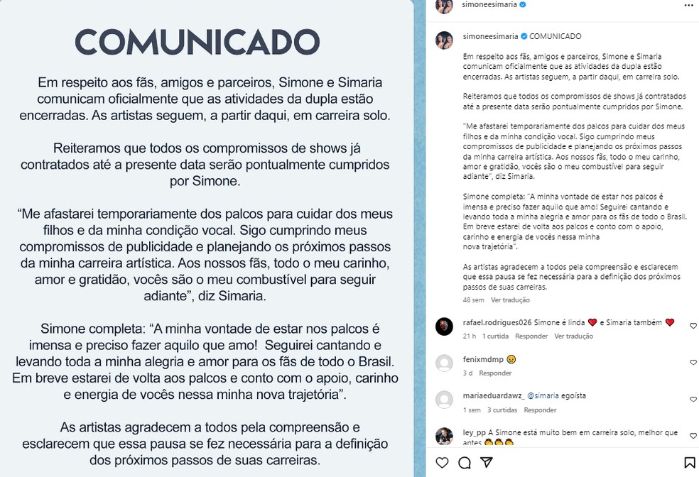 Simone e Simaria anunciam fim da dupla — Foto: Reprodução Instagram