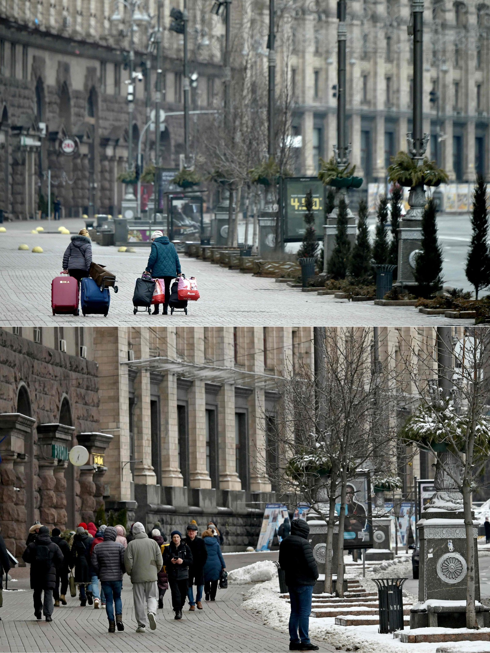 01/03/2022: Acima, duas mulheres carregam malas em rua deserta em Kyiv, capital do país. 09/02/2024: Abaixo, cidadãos caminham pela rua movimentada — Foto: SERGEI SUPINSKY