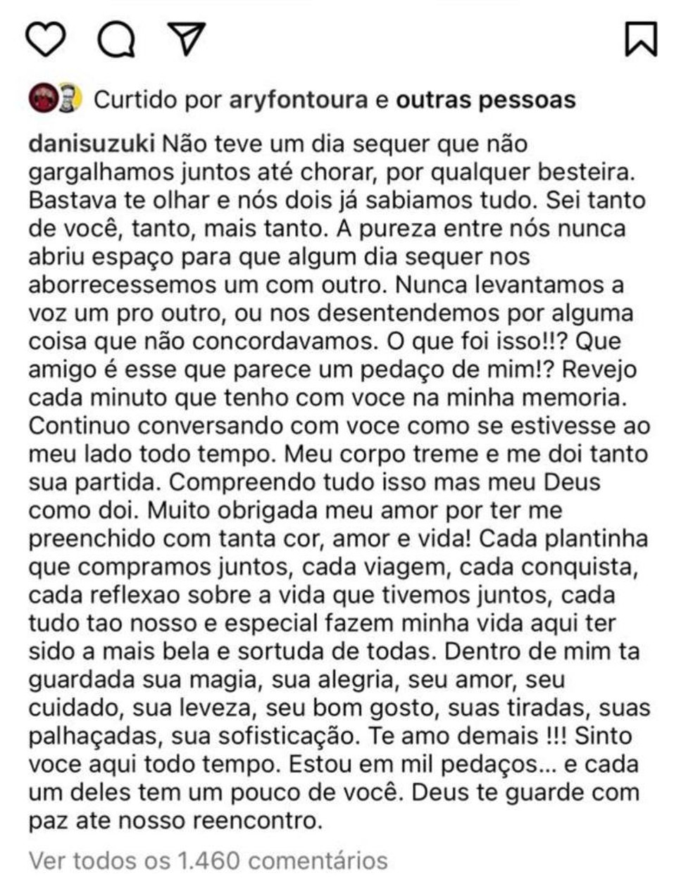 Em texto postado numa rede social, Danni Suzuki, amiga do maquiador, se despede do amigo — Foto: Reprodução / Instagram