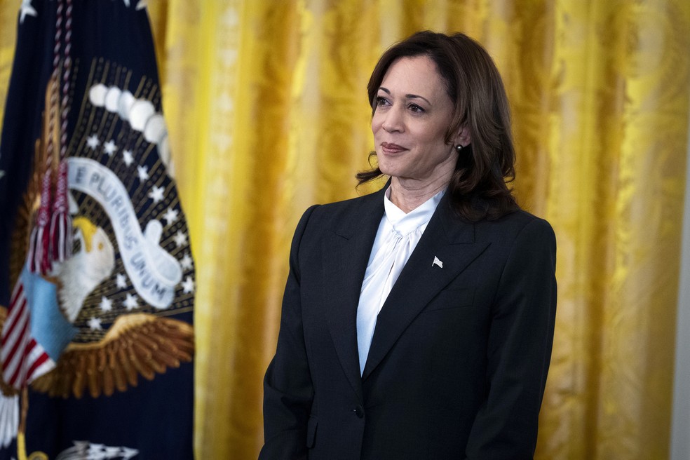 A vice-presidente dos Estados Unidos, Kamala Harris, durante evento do Mês da História da Mulher na Casa Branca em Washington, em março de 202 — Foto: Doug Mills/The New York Times