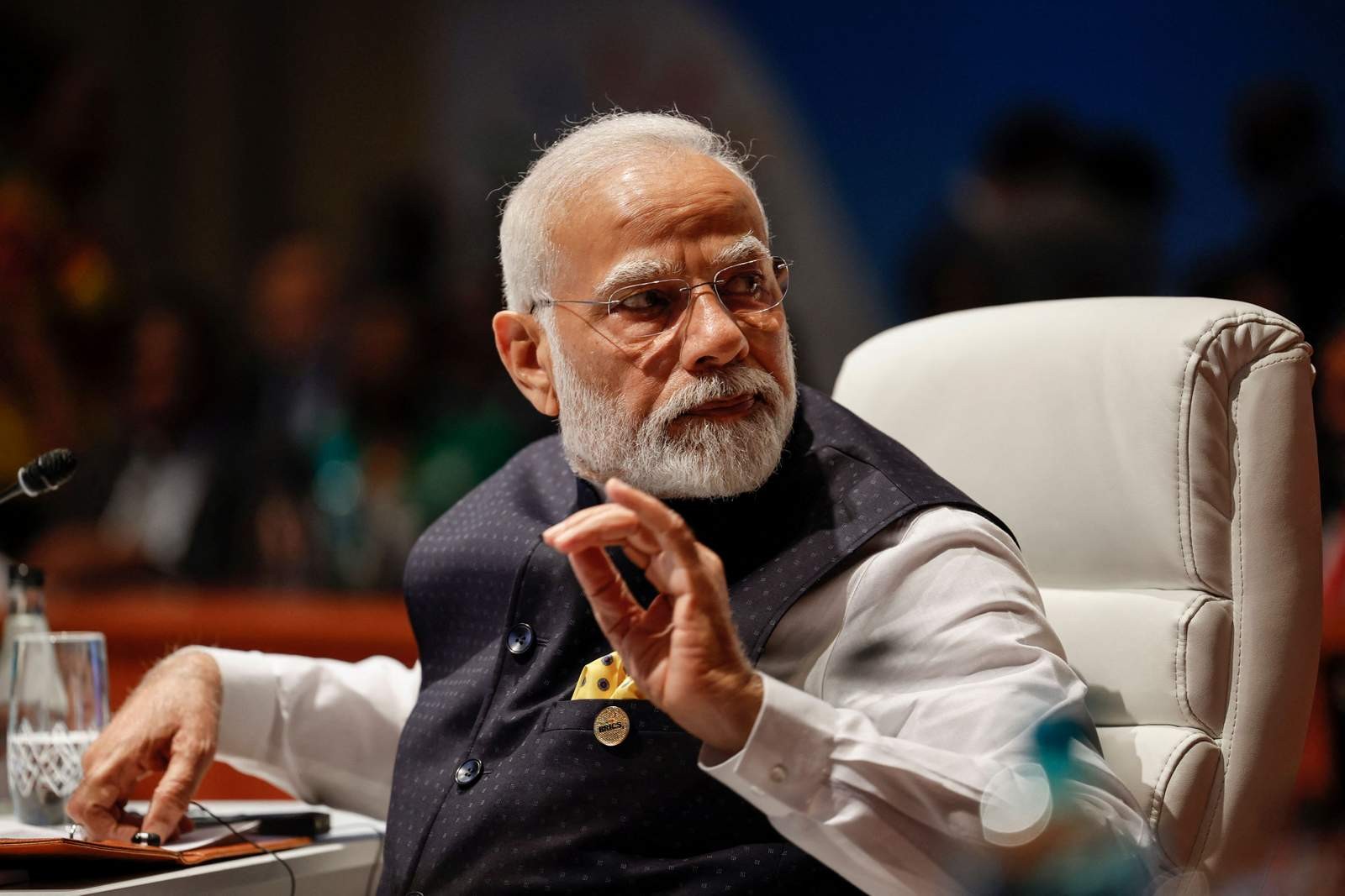 O primeiro-ministro da Índia, Narendra Modi, durante Cúpula do BRICS de 2023 — Foto: GIANLUIGI GUERCIA / POOL / AFP