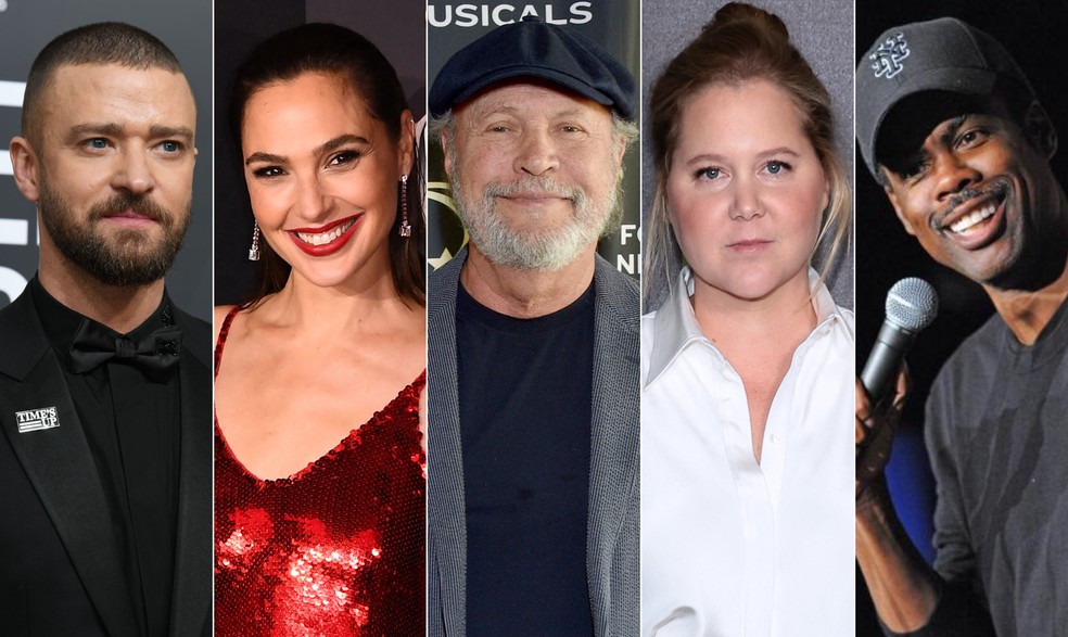 Justin Timberlake, Gal Gadot, Billy Crystal, Amy Schumer e Chris Rock fazem parte do movimento 'No hostage left behind' — Foto: AFP e divulgação