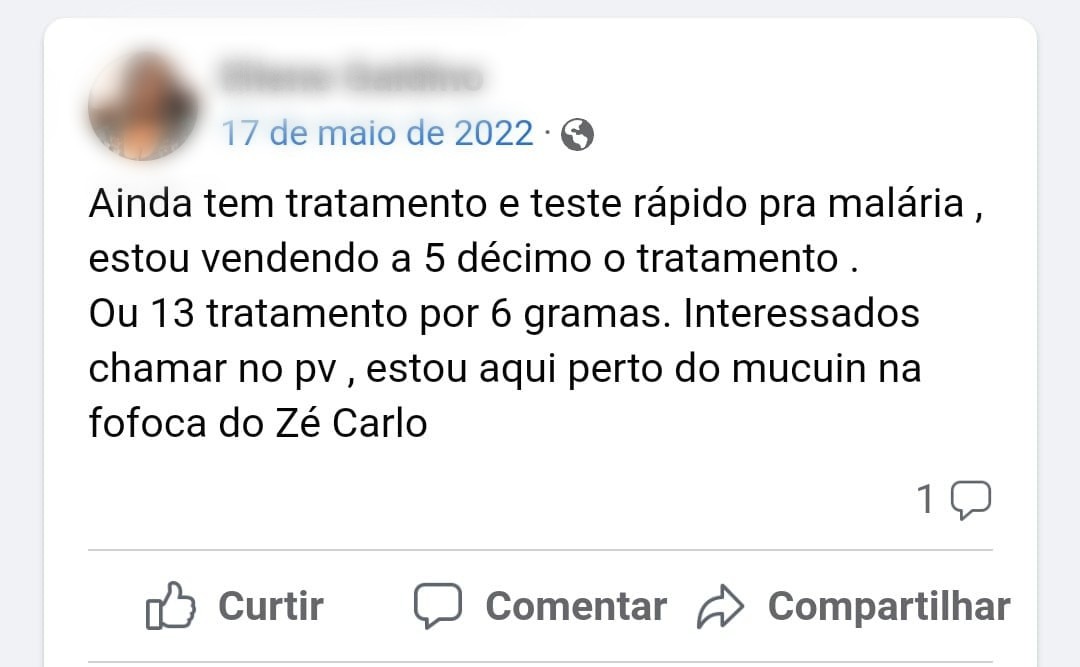 Garimpeiros trocam medicamento contra malária em gramas de ouro em grupo do Facebook — Foto: Reprodução/Facebook