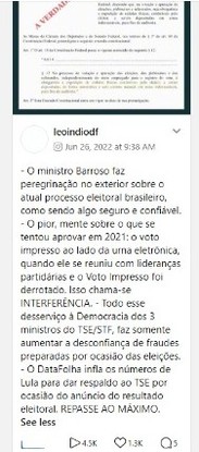 Leo Índio, sobrinho de Bolsonaro, repassou mensagem com fake news em 26 de junho de 2022