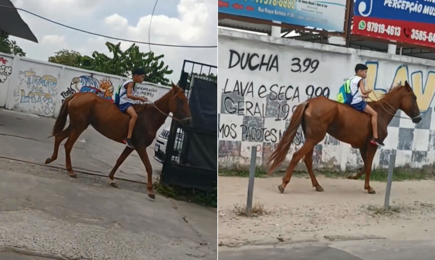 Menino de 11 anos viraliza indo para escola de cavalo: 'Pneu da bicicleta furou'