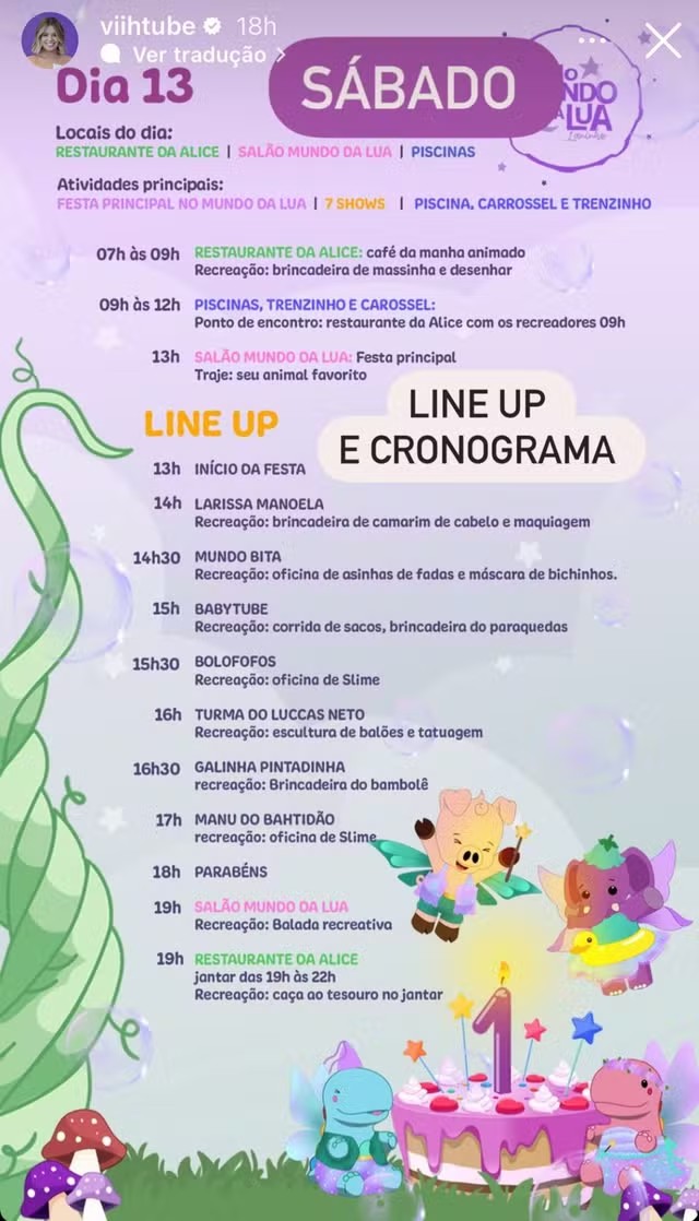 Programação da festa de 1 ano de Lua, filha de Viih Tube e Eliezer — Foto: Reprodução Instagram