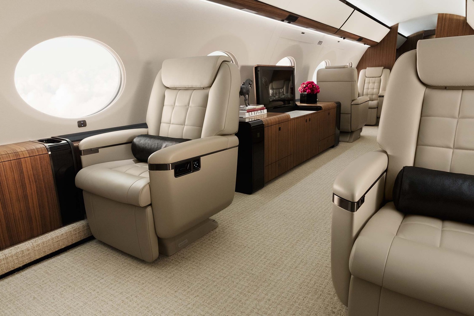 Aeronave tem interior luxuoso, com capacidade para 19 pessoas sentadas — Foto: Divulgação