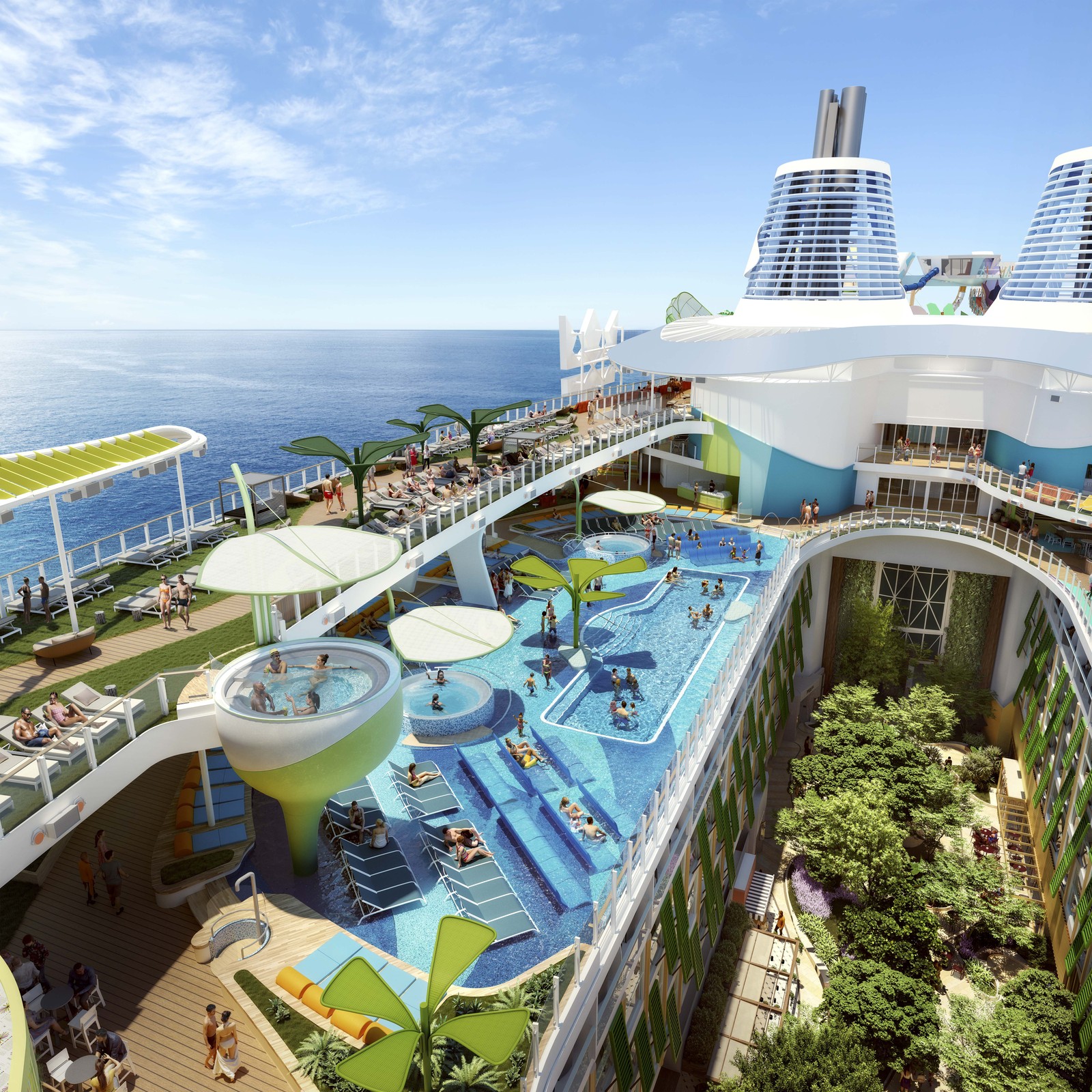 Mais uma imagem das piscinas do Icon of the Seas, com um pedaço do 'bairro' Central Park, presente em outros navios da Royal Caribben — Foto: Divulgação