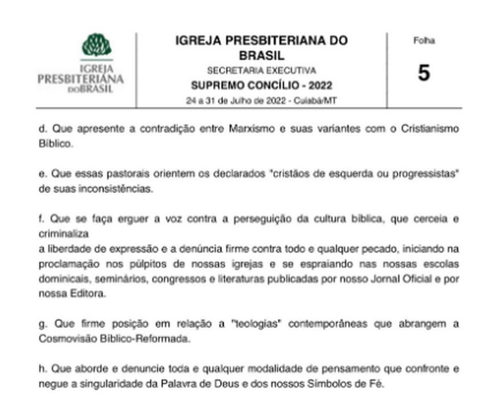 Trecho do documento que será apresentado no Supremo Concílio da IPB  — Foto: Reprodução