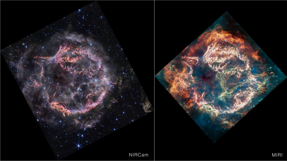 Comparativo mostra antes e depois da imagem feita pelo James Webb, após a tradução do infravermelho em cores — Foto: Divulgação/NASA, ESA, CSA, STScI, D. Milisavljevic (Purdue University), T. Temim (Princeton University), I. De Looze (University of Gent)