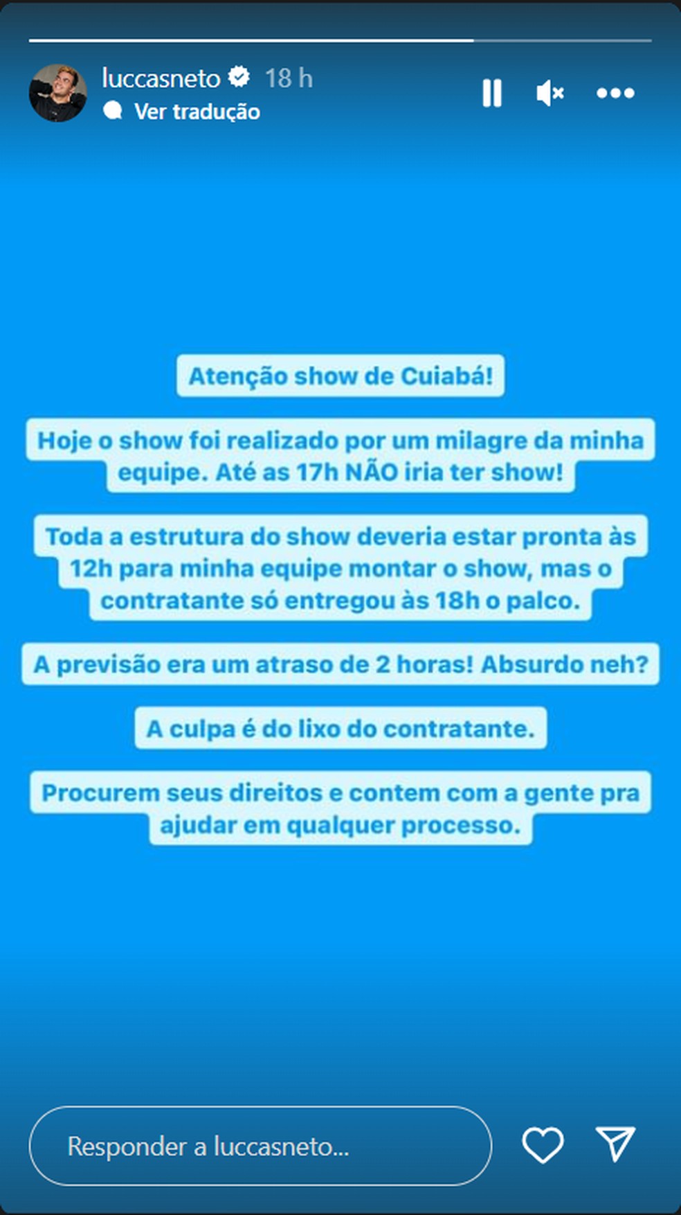 Luccas Neto se pronuncia acerca de confusão em show em Cuiabá — Foto: Reprodução/Instagram