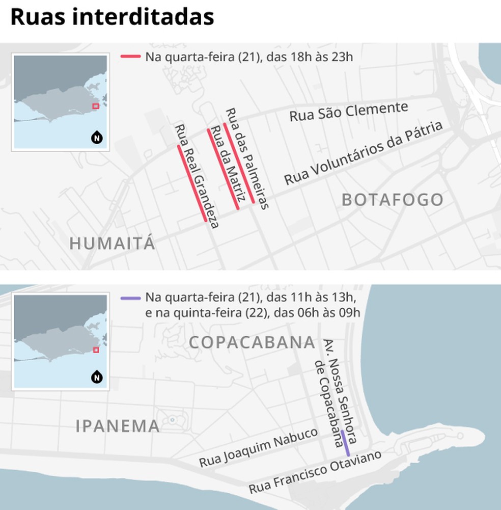 Esquema de trânsito para o encontro do G20 no Rio tem interdições em Botafogo e Copacabana — Foto: Editoria de Arte