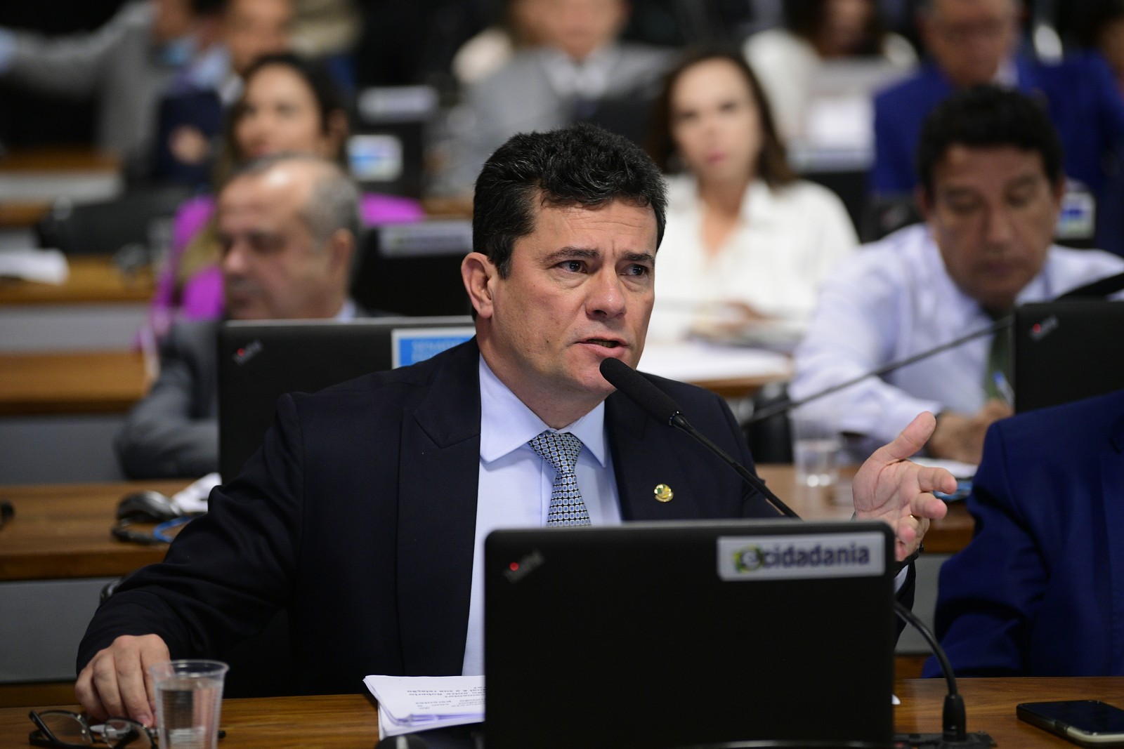 Comissão de Constituição, Justiça e Cidadania (CCJ) sabatina indicado para ministro do Supremo Tribunal Federal (STF). Em pronunciamento, à bancada, senador Sergio Moro (União-PR).  — Foto: Pedro França/Agência Senado