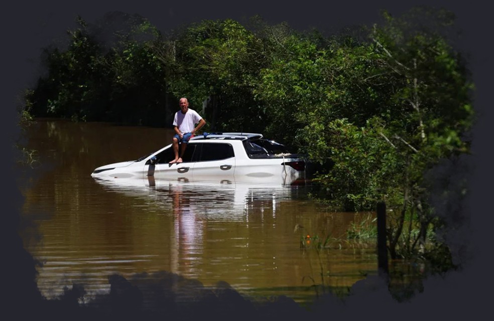 Em Porto Alegre, as tempestades subiram o nível do Guaíba para o maior visto desde 1941 — Foto: Arte O GLOBO/Silvio Avila - AFP