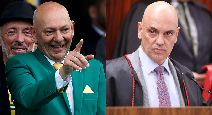 Luciano Hang no Sete de Setembro do ano passado e Alexandre de Moraes durante o julgamento desta terça-feira