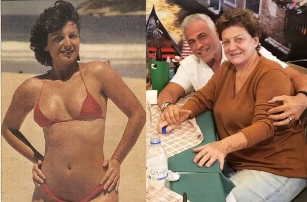 Matilde Mastrangi nos anos 80 e hoje, aos 71, com Oscar Magrini — Foto: Reprodução/Instagram