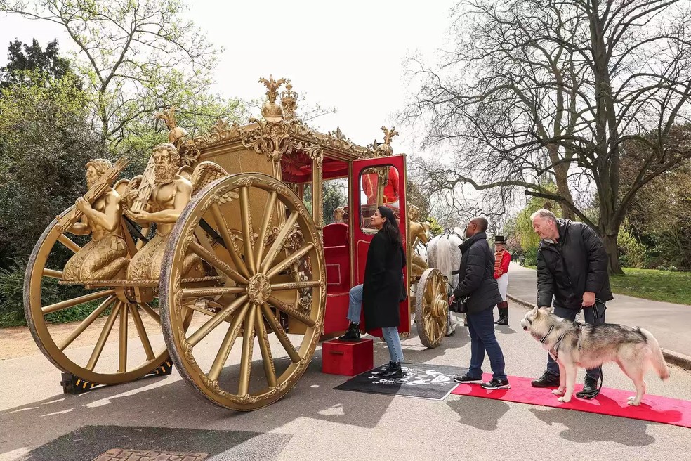 A carruagem que pode ser pedida pelo aplicativo da Uber no Dulwich Park, no sudoeste de Londres, em homenagem à coroação do rei Charles III — Foto: Divulgação / Kieran Cleeves / Uber