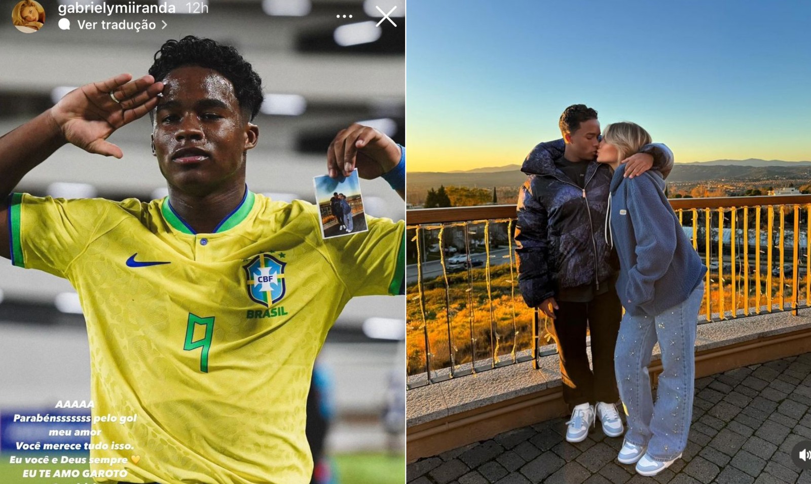 Endrick comemora gol em partida pela seleção e mostra foto dele com Gabriely — Foto: Reprodução/Instagram